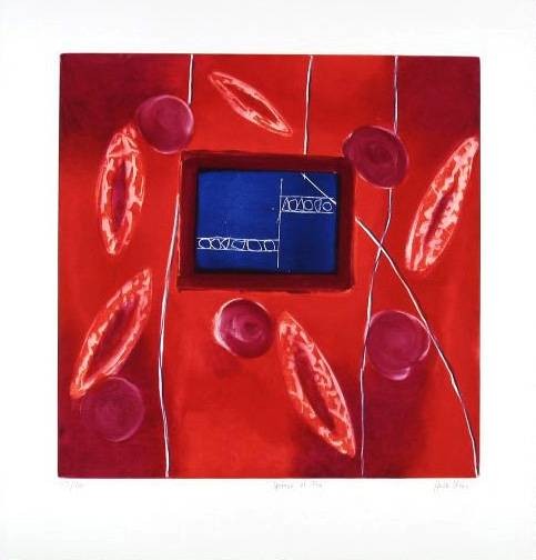 König Heidi Djemmmia al fna (Radierung, handsigniert) (Marktplatz, Marrakesch, blaues Rechteck, abstrakt, Grafik, Büro, Treppenhaus, Wohnzimmer, Original, signiert, rot/blau)