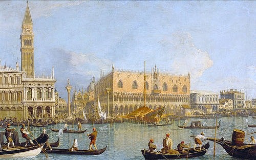 Canaletto (Giovanni Antonio Canal), Der Dogenpalast und die Piazetta in Venedig. (Canaletto (Giovanni Antonio Canal),1697-1768,Florenz,Galleria degli Uffizi,Gerichtsgebäude,Italien,italienisch,18. Jahrhundert,Venedig,Ansicht,Obelisk,Säule,Hafen,Museum,Canaletto,Gondel,Dogenpalast,Doge,Piazetta,San Marco,Architekturansicht,Architektur,G)