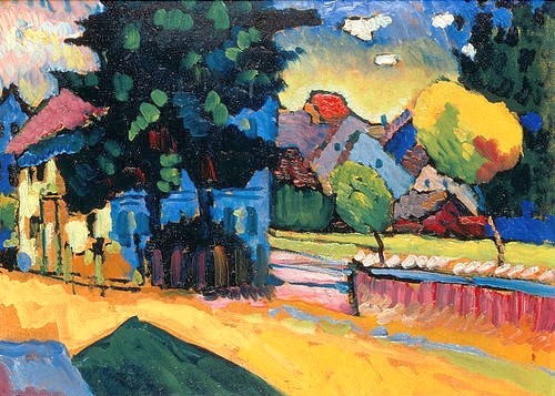 Wassily Kandinsky, Murnau - Studie zur Landschaft mit grünem Haus. 1908 (Kandinsky,Wassily,1866-1944,St. Petersburg,Eremitage,Öl/Karton,20. Jahrhundert,Kandinsky,Wassily Kandinsky,Expressionismus,Häuser,Stadtansicht,Farben,bunt,farbenfroh,Murnau,Frühwerk,fröhlich,optimistisch,heiter)