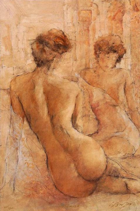 Benfield Gary Confidences II (2001) (Siebdruck, handsigniert) (Aktmalerei, Frau, Körper, nackt, Rückenakt, figurativ, Grafik, Original, signiert, Schlafzimmer, Wohnzimmer, bunt)