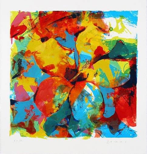 De Vries Paul Hibiscus Tenerife (2002) (Siebdruck, handsigniert) (Blumen, Blüten, Hibiskus, abstrahiert, modern, leuchtend,  Wohnzimmer, Büro, Original, Grafik, signiert, bunt)
