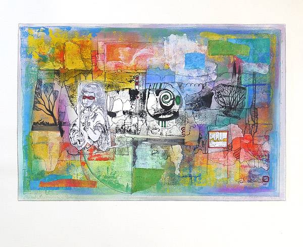 Rade Ernst-Peter Violinenpart II (50) (Acryl auf Bütten, handsigniert, Unikat) (Landschaft, Muster, surreal, Ornamente, Maske, abstrahiert, modern, Original, signiert, Wohnzimmer, Treppenhaus)