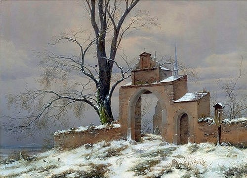 Caspar David Friedrich, Einsames Friedhofstor im Winter. (Friedhof, Friedhofsmauer, Mauer, Friedhofstor, Winter, Schnee, Abgeschiedenheit, Melancholie, Klassiker, Wohnzimmer, Treppenhaus, Malerei, Romantik, Wunschgröße, bunt)