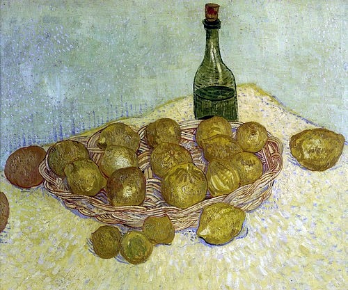 Vincent van Gogh, Stilleben mit Flasche, Zitronen und Orangen. 1888 (Gogh,Vincent van,1853-1890,Otterlo,Museum Kröller-Müller,Öl auf Leinwand,19. Jahrhundert,Vincent van Gogh,Obststillleben,Flasche,Zitronen,Orangen,19. Jahrhundert,Stillleben,Korken,Post-Impressionismus,gelb,Zitrusfrüchte,Korb)