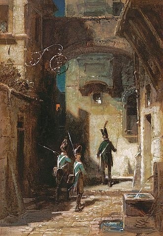 Carl Spitzweg, Die Scharwache. (Spitzweg,Carl,1808-1885,Zürich,Galerie Koller,Abend,Stadtszenerien,Militär,Carl Spitzweg,19. Jahrhundert,Scharwache,Wachposten,aufpassen)