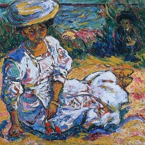 Ernst Ludwig Kirchner, Frauenbildnis in weißem Kleid. 1908. (Kirchner,Ernst Ludwig,1880-1938,Christie's Images Ltd,Expressionismus,deutsch,Deutschland,20. Jahrhundert,19. Jahrhundert,Ernst Ludwig Kirchner,expressionistisch,expressiv,Brücke,Frau,Weiß,Bildnis,Portrait,Porträt,Kleid,Hut,draußen,Sommer,Hitze,sommerlich)