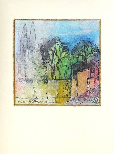 Rade Ernst-Peter Olsberger Mäppchen VI (50) (Acryl auf Bütten, handsigniert, Unikat) (Landschaft, Dorf, Mauer, Kirchtürme, Bäume, Transparenz, mediterran,   modern, Original, signiert, Wohnzimmer, Treppenhaus)