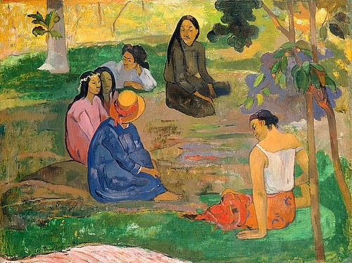 Paul Gauguin, Konversation auf Tahiti (Les Parau Parau). 1891 (Gauguin,Paul,1848-1903,St. Petersburg,Eremitage,Öl auf Leinwand,19. Jahrhundert,Gauguin, Paul Gauguin,Südsee,Frauen,Unterhaltung,sich unterhalten,Frauen,tropisch,Gruppe,Les Parau Parau,Tahiti,Post-Impressionismus,draußen)