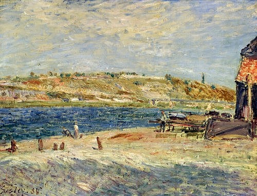 Alfred Sisley, Ufer des Flusses Loing in Saint-Mammes. 1884 (Landschaft, Landschaftsmalerei, Sommer,Fluss, Ufer, Frankreich, Idylle, Wohnzimmer, Treppenhaus, Impressionismus, Klassische Moderne, Malerei, Wunschgröße, bunt)