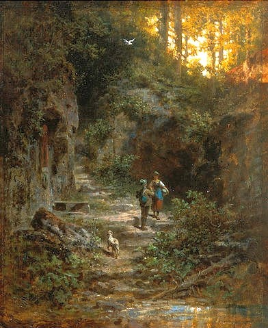 Carl Spitzweg, Die Begegnung im Wald. (Privatbesitz,Spitzweg,Carl,1808-1885,Öl/Lwd./Holz,Paar,wald,spaziergang,wanderung,wanderer,carl spitzweg,natur,deutsch,hund,idylle)