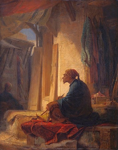 Carl Spitzweg, Türke, im Basar auf einer mit Teppich belegten Ruhebank sitzend. 1853 (19. Jahrhundert,1808-1885,Spitzweg,Carl,Privatbesitz,Spitzweg, Carl Spitzweg,Türkei,Orient,Basar,Mann,Morgenland,Schneidersitz,Profil,Orientalismus,rasten,pausieren,nichts tun,Müßiggang)