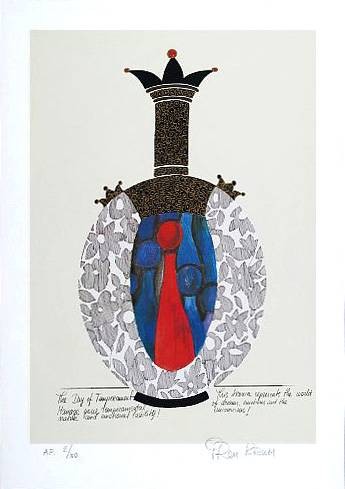 Krum Iren Day of Temperament (Lithographie, handsigniert) (Flasche, Flacon, Parfum, Blüten, Frische, Grafik, Original, signiert, modern, Wohnzimmer, Badezimmer, bunt)