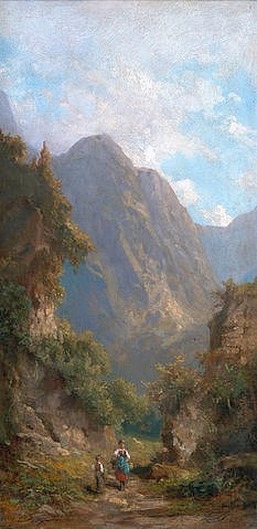 Carl Spitzweg, Hochgebirgstal mit heimkehrender Sennerin. (Privatbesitz,Spitzweg,Carl,1808-1885,Öl auf Holz,Berge,carl spitzweg,gebirge,gebirgslandschaft,natur,berg,frau,bäuerin)