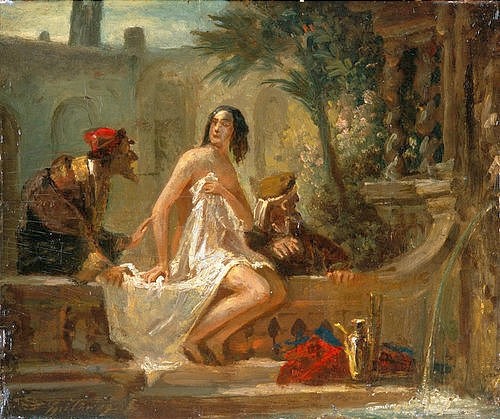 Carl Spitzweg, Susanna im Bade und die Alten. (Malerei, Klassiker, Badende, alter Mann, Lustmolch, lüstern, Religiös, Altes Testament, Wunschgröße, Spätromantik, Wohnzimmer, Treppenhaus, bunt)