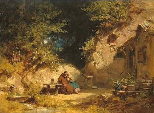 Carl Spitzweg, Ein alter Klausner mit einem jungen Mädchen. (Privatbesitz,Spitzweg,Carl,1808-1885,Öl auf Holz,Mönch,Paar, Junge,Spitzweg, Carl,einsiedler,mädchen,deutsch)