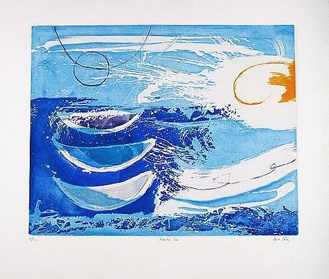 König Heidi Pear Tree Cove (Radierung, handsigniert) (Meer, Boote, Wellen, Bucht, modern, Grafik, Badezimmer, Wohnzimmer, Original, signiert, blau)