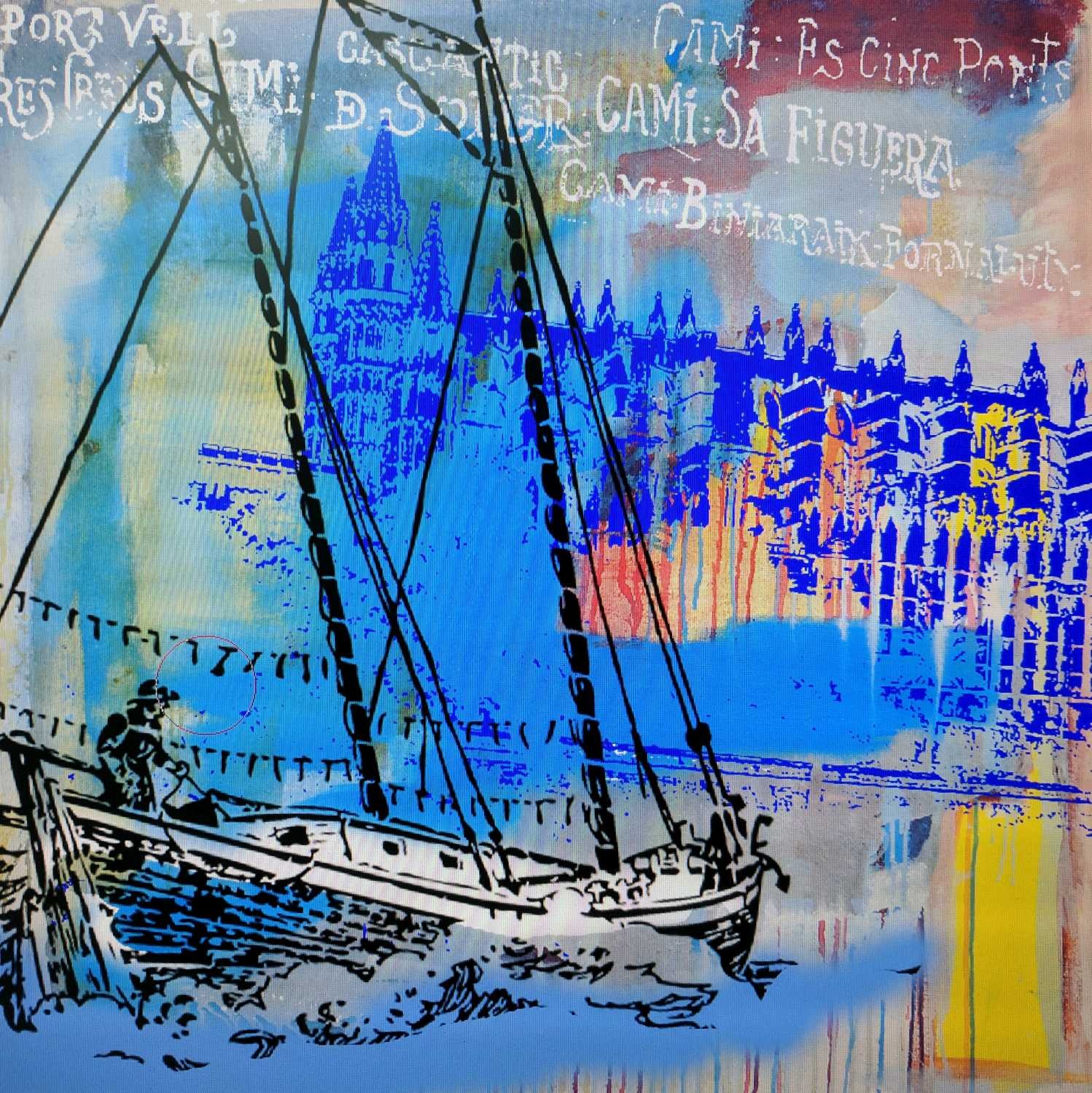 Peter Sander, Palma Kathedrale (Segelboot, Meer, Kathedrale des Lichts, Mallorca, Palma, Fotokunst, Popart, modern, illustrativ, Wunschgröße, Treppenhaus, Wohnzimmer,)