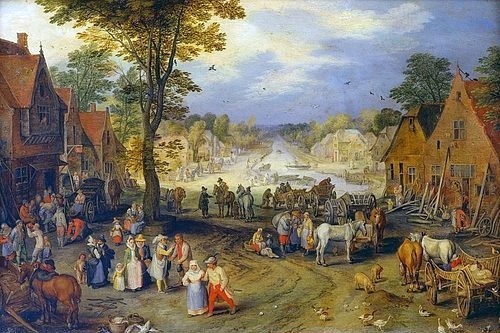 JAN BRUEGHEL DER ÄLTERE, Belebter Dorfplatz. (Bayer. Staatsgemäldesammlungen,Brueghel d.Ä.,Jan,1568-1625,16. Jahrhundert,17. Jahrhundert,Genre,Barock,Dorf,Jan Brueghel der ältere,Dorfplatz,Platz,Landleben,Fluss,Begegnungen,Dorfleben,alltagsszene,genremalerei,ländlich,flämisch)