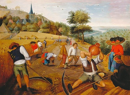 Pieter BRUEGHEL DER Jüngere, Der Sommer. 1590 (Brueghel d.J.,Pieter,Ulm,Museum der Brotkultur,um 1564-1638,Öl auf Holz,Brueghel,Pieter Brueghel,Pieter Brueghel d.J.,Pieter Brueghel der Jüngere,16. Jahrhundert,Sommer,Ernte,Ernten,Trinken,Bauern,Durst,Feldarbeit,Sense,durstig,Landwirtschaft,Dorf,Kirche)