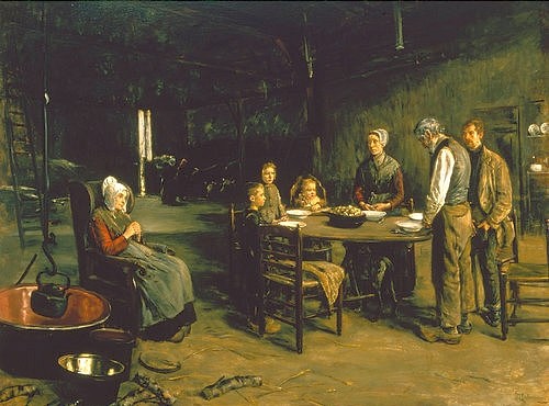 Max Liebermann, Das Tischgebet. 1875/1877. (Liebermann,Max,1847-1935,Privatbesitz,beten,Essen,Familie,Bauern,Max Liebermann,19. Jahrhundert,Gebet,Tischgebet,Mahlzeit,Dank,runder Tisch,gläubig,Glaube,religiös,Kessel)