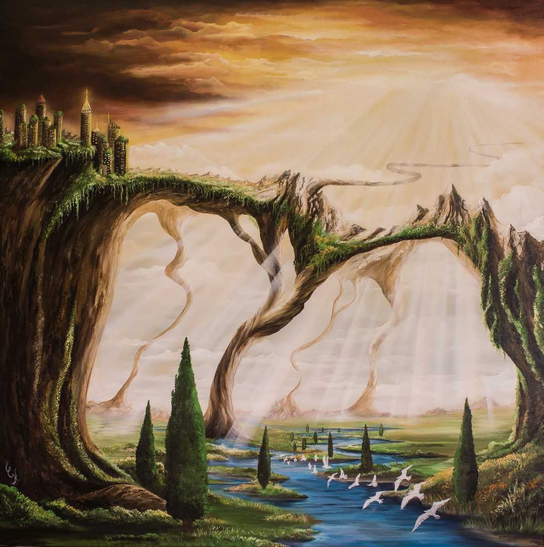 Conny Krakowski, Der Ursprung des Lebens (Surrealismus, Traum, Magie, Esoterik, Baum, Traumbaum,Lebensbaum,Geburt,Leben,Sterben,Wege, Lebensweg, Phantasie,Fantasie,Realismus,Malerei,Gemläde,detaiiert,Traumbild,Traumlandschaft,Landschaftsmalerei,Träumerei,Wasserfall,Berge,Wolken,)