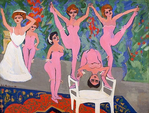 Ernst Ludwig Kirchner, Varietéparade - Parterreakrobatinnen. 1908. (Kirchner,Ernst Ludwig,Henze & Ketterer Bern,1880-1938,Zirkus,Sport,jung,Frauen,Ernst Ludwig Kirchner,Varieté,Akrobatik,Schlangenmensch,Kontortionistin,Schlangenfrau,Akrobatin,20. Jahrhundert,Vorstellung,Show,verbiegen,Artistinnen,Artisten,Performance,Expr)