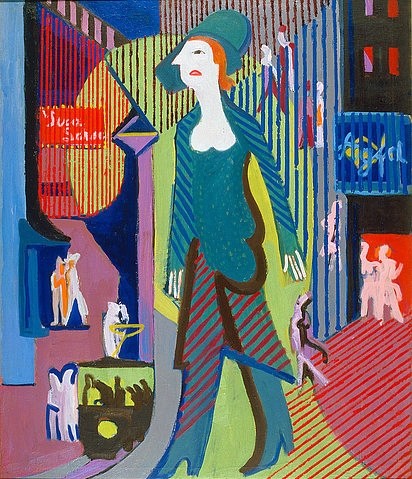 Ernst Ludwig Kirchner, Nachtfrau (Frau geht über nächtliche Strasse). 1928/1929. (Kirchner,Ernst Ludwig,Henze & Ketterer Bern,1880-1938,Stadtszenerien,Straße,Frau,Ernst Ludwig Kirchner,20. Jahrhundert,Stadtbummel,Nacht,nächtlich)