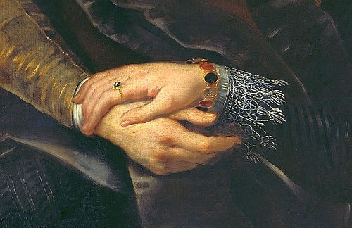 Peter Paul Rubens, Rubens und Isabella in der Geissblattlaube. Detail: Hände. Um 1609 (Isabella Brant, Künstlergattin,  Ring, Armband, Liebe, Paar, Berührung, Ehepaar, Geißblattlaube, Detail, Barock, Klassiker, Malerei, Treppenhaus, Wohnzimmer, Wunschgröße, bunt)