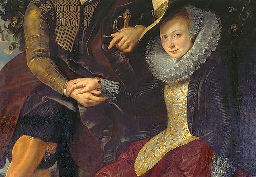 Peter Paul Rubens, Detail aus 'Rubens und Isabella in der Geissblattlaube': Hände des Paares und (Isabella Brant, Künstlergattin,   Liebe, Paar, Berührung, Ehepaar, Geißblattlaube, edel, Eleganz, Mühlsteinkragen, Halskrause, Detail, Barock, Klassiker, Malerei, Treppenhaus, Wohnzimmer, Wunschgröße, bunt)