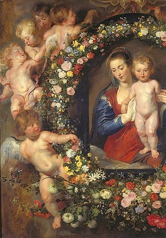 Peter Paul Rubens, Madonna im Blumenkranz (Detail, linke Seite des Gemäldes, siehe auch Bildnummer 1969). (Engel, Putten, Madonna, Maria, Jesuskind, Blumenkranz, Girlande, Detail, Barock, Klassiker, Malerei, Treppenhaus, Wohnzimmer, Wunschgröße, bunt)