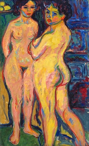 Ernst Ludwig Kirchner, Stehende nackte Mädchen am Ofen. 1908. (Kirchner,Ernst Ludwig,1880-1938,Weibliche Akte,Ernst Ludwig Kirchner,20. Jahrhundert,Akte,nackt,Körper,Frauen,Expressionismus,expressionistisch)