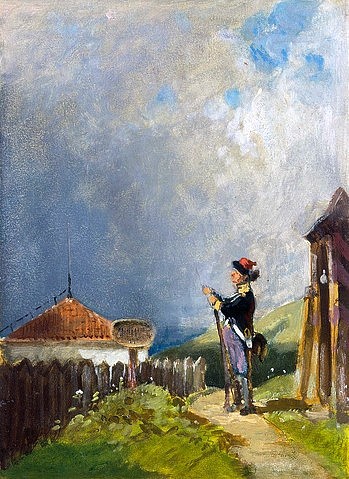 Carl Spitzweg, Die Schildwache. (Dresden,Gemäldegalerie,Öl/Papier/Pappe,1808-1885,Spitzweg,Carl,Militär,Carl Spitzweg,19. Jahrhundert,Biedermeier,Wache,Wachposten,Schildwache,Soldat,bewölkt)