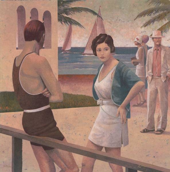 Francis Andrew Encounters (Serigraphie, handsigniert) (See, Segelboot, Begegnung,  Urlauber, Badekleidung,  zwanziger Jahre, Urlaub, Dandy, kühl, distanziert, Grafik, Original, signiert, Wohnzimmer, bunt)