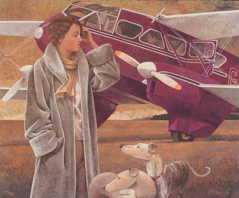 Francis Andrew Rendezvous (Serigraphie, handsigniert) (Frau, Pelzmantel, Eleganz, Windhunde,Flugzeug, Propellerflugzeug, kühl, distanziert, Grafik, Original, signiert, Wohnzimmer, bunt)