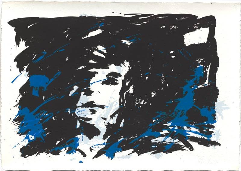 Fischer Manfred Tiefer Kopf (Siebdruck) (Kopf, Gesicht, Portrait, schemenhaft, unruhig, wild, düster,  modern, Malerei, Treppenhaus, Original, schwarz/blau)