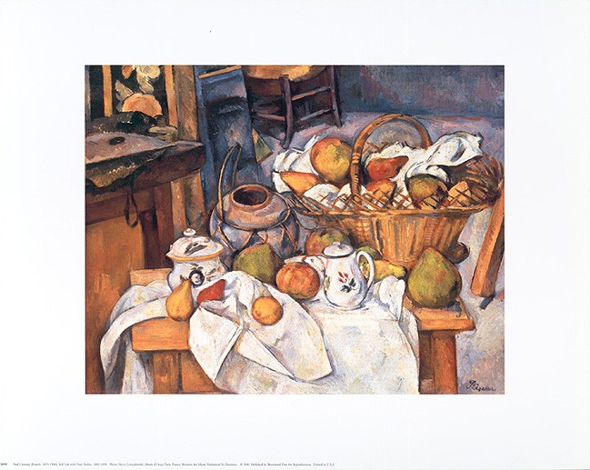 Paul Cézanne, Still Life With Fruit Basket (Offset) (Stillleben, Obstkorb, Obst, Früchte, Tisch, Tischuch,üppig, Tischdecke, Malerei, Impressionismus, Küche, Esszimmer, Gastronomie, bunt)