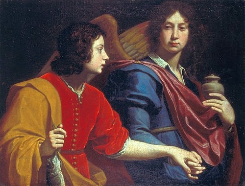 Lorenzo Lippi, Der Erzengel Raffael mit Tobias. 40er Jahre des 17. Jahrhunderts (Lippi,Lorenzo,1606-1665,Wroclaw (Breslau),Muz.Narodowe,Öl auf Leinwand,Lorenzo Lippi,Raffael,Tobias,Erzengel,Erzengel,17. Jahrhundert,Engel,Fisch,Tiegel,Schutzengel)
