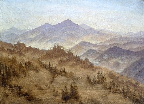 Caspar David Friedrich, Gebirge bei aufsteigendem Nebel. Ca. 1835. (Städel Museum,Frankfurt am Main,Friedrich,Caspar David,1774-1840,Öl auf Leinwand,Caspar David Friedrich,Landschaft,Böhmen,18. Jahrhundert,19. Jahrhundert,Berg,Rosenberg,böhmische Schweiz,Gebirge,Berge,Kaltenberg, Städel Museum)