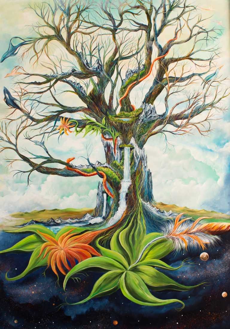 Conny Krakowski, Die Geburt des Lebens (Surrealismus, Traum, Magie, Esoterik, Baum, Traumbaum,Lebensbaum,Geburt,Leben,Sterben,Wege, Lebensweg, Phantasie,Fantasie,Realismus,Malerei,Gemläde,detaiiert,Traumbild,Traumlandschaft,Landschaftsmalerei,Träumerei,Wasserfall,Berge,Wolken,)