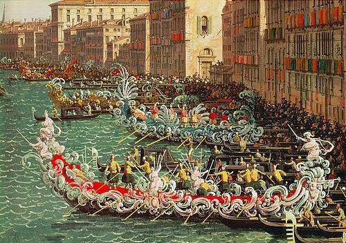 Canaletto (Giovanni Antonio Canal), Regatta auf dem Canale Grande vor dem Palazzo Foscari (Detail). (London,National Gallery,Canaletto (Giovanni Antonio Canal),1697-1768,Canaletto,18. Jahrhundert,Regatta,Canale Grande,Palazzo Foscari,Venedig,Giovanni Antonio Canal,Ruderer,Wettkampf,Wettstreit)