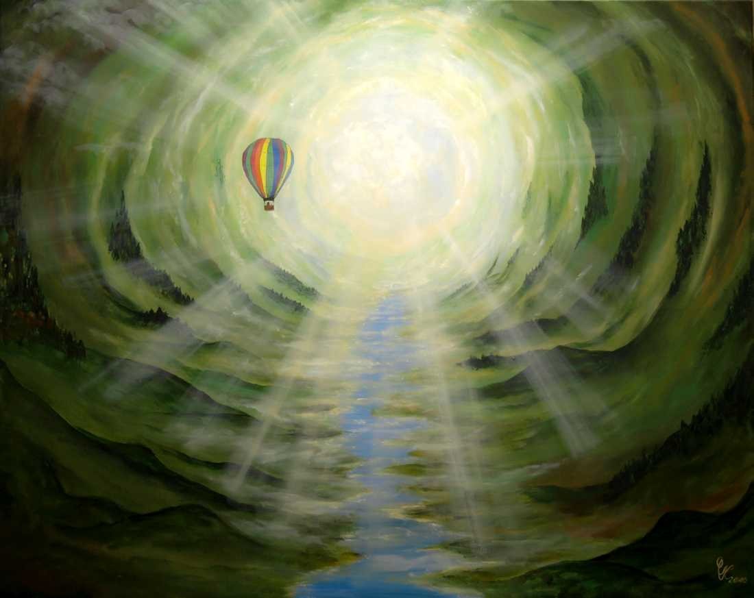 Conny Krakowski, Die Reise (Surrealismus, Traum, Magie, Esoterik, Baum, Traumbaum,Lebensbaum,Geburt,Leben,Sterben,Wege, Lebensweg, Phantasie,Fantasie,Realismus,Malerei,Gemläde,detaiiert,Traumbild,Traumlandschaft,Landschaftsmalerei,Träumerei,Wasserfall,Berge,Wolken,)