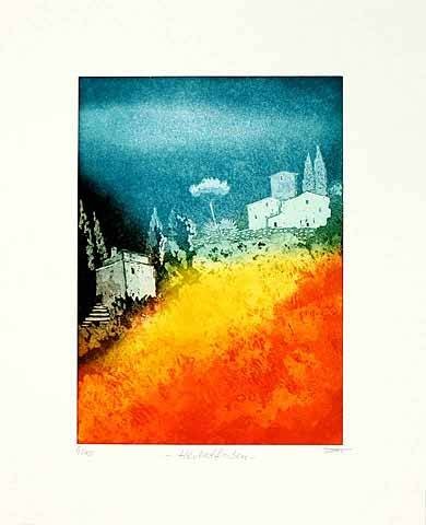 Fries Günther Herbstfarben, 2005 (Radiermalerei, handsigniert) (Landschaft, Herbst, Dorf, Original, signiert, Malerei, Wohnzimmer, Treppenhaus, bunt)