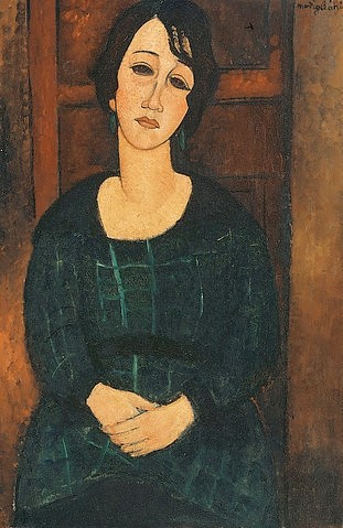 Amadeo Modigliani, Junge Frau in Kleid aus Schottenstoff (Femme en Robe écossaise). 1916 (Christie's Images Ltd,Modigliani,Amadeo,1884-1920,Öl auf Leinwand,20. Jahrhundert,Portrait,Amadeo Modigliani,École de Paris,Expressionismus,realistischer Expressionismus,20. Jahrhundert,Portrait,Interieur,Kleid,Frau,Bildnis,kariert)