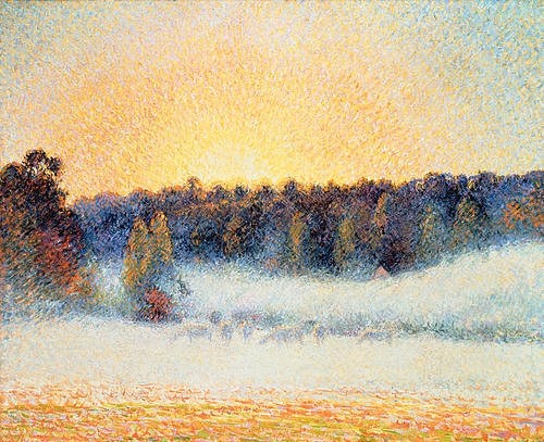 Camille Pissarro, Sonnenuntergang und Nebel bei Eragny. 1891 (Christie's Images Ltd,Pissarro,Camille,1830-1903,Öl auf Leinwand,Camille Pissarro,Impressionismus,französischer Impressionismus,Pointillismus,19. Jahrhundert,Sonnenuntergang,Landschaft,Natur,Nebel,Licht,Wald,Sonne,Eragny)