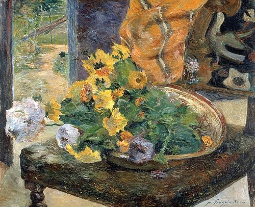 Paul Gauguin, Schnittblumen für ein Bouquet. 1890 (Öl auf Leinwand,19. Jahrhundert,Christie's Images Ltd,1848-1903,Gauguin,Paul,Paul Gauguin,Symbolismus,Postimpressionismus,19. Jahrhundert,Jahrhundertwende,Blume,Blumen,Bouquet,Stuhl,Licht,Schnittblumen)
