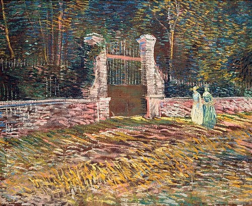 Vincent van Gogh, Eingang zum Parc de Voyer-d'Argenson in Asnières. 1887 (Gogh,Vincent van,1853-1890,Christie's Images Ltd,Öl auf Leinwand,Gogh,van Gogh,Vincent van Gogh,Postimpressionismus,19. Jahrhundert,Park,Mauer,Tor,Eingang,Spaziergang,Spaziergängerinnen,Licht,Frau,Frauen,Asnières,Aniere,Begrenzung,Pinselstriche)