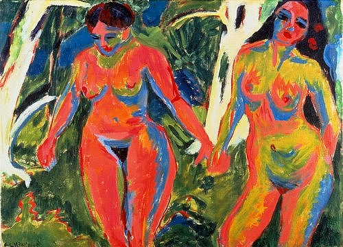 Ernst Ludwig Kirchner, Zwei nackte Frauen im Wald. 1909 (Kirchner,Ernst Ludwig,1880-1938,Christie's Images Ltd,Öl auf Leinwand,Ernst Ludwig Kirchner,Brücke,Expressionismus,deutscher Expressionismus,20. Jahrhundert,Jahrhundertwende 1900,Kontrast,Komplementärfarbe,Frau,Doppelbildnis,Akt,Natur,Wald,Bildnis,nackt,K)