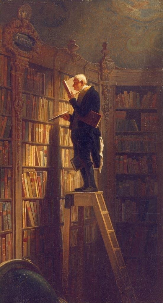 Carl Spitzweg, Der Bücherwurm (Wunschgröße, Malerei, Bibliothek, Bücherwand, Bücher, Bücherregal, Bücherleser, Mann auf Leiter, Karikatur, Lustig, Spätromantik, Wohnzimmer, Bücherzimmer, Bücherei, bunt)