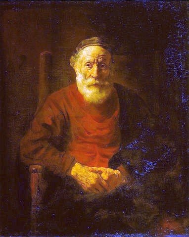 Rembrandt van Rijn, Bildnis eines alten Mannes in rotem Gewand. Um 1652/54 (17. Jahrhundert,Öl auf Leinwand,St. Petersburg,Eremitage,1606-1669,Rembrandt van Rijn,alt,Mann,Bart,Rembrandt van Rijn,17. Jahrhundert,Bildnis,Portrait,Hände,sitzen,rot,Mütze,Kopfbedeckung,Greis)