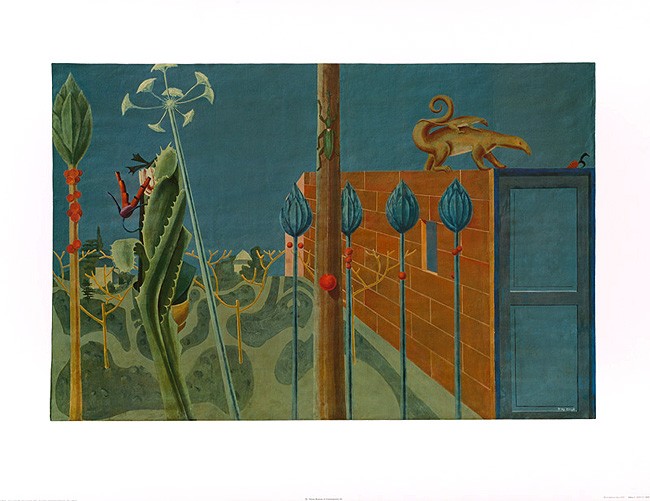 Max Ernst, Naturgeschichte, 1923 (Landschaft, Garten, Pflanzen, Drachen, Gebäude, phantasitisch, Surrealismus, Treppenhaus, Wohnzimmer, bunt, Klassische Moderne)